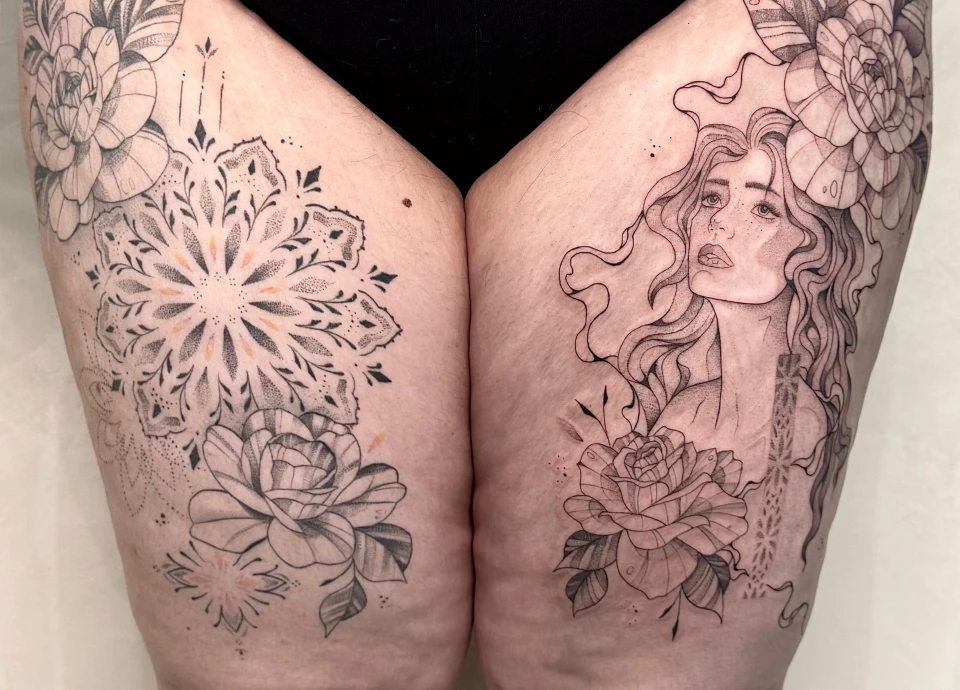 Deux tatouages détaillés sur les cuisses : un mandala orné de motifs floraux et une femme aux longs cheveux ondulés avec une rose.